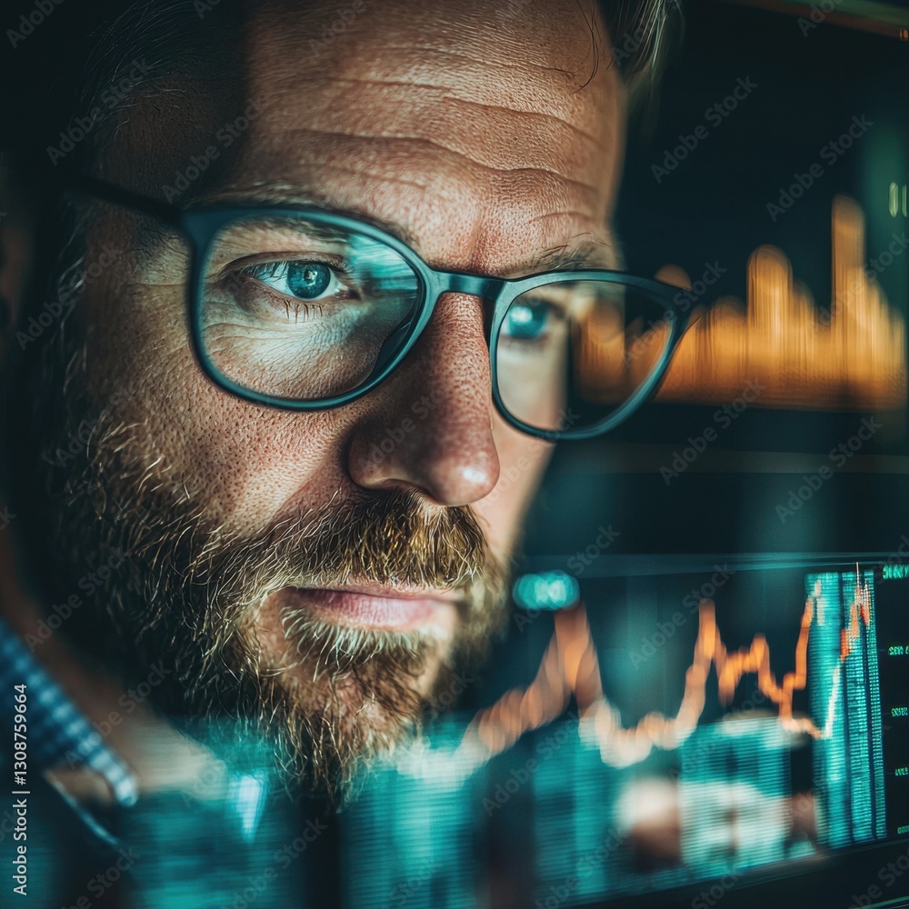 Aufkleber man with glasses analyzing computer screen for insights on defi blue-chip protocols and investment o