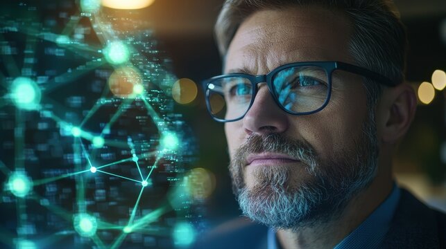 A tech expert with glasses and a beard focused on analyzing algorithmic stablecoins for financial market insights