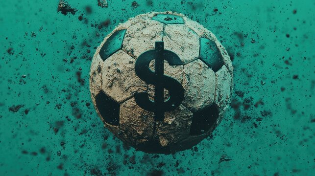 A worn soccer ball featuring a dollar sign, symbolizing the financial impact of sports on culture.