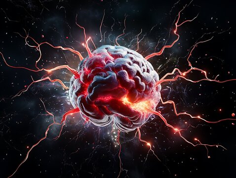 Visualizing explosive brain activity dark environment digital art in neuroscience insights