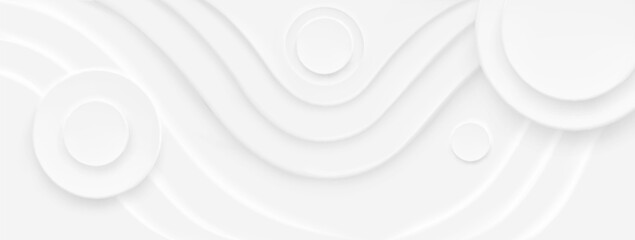 White neumorphism background with abstract shapes. Vector realistic illustration of soft 3D circles and waves on poster, banner, presentation page layout, simple geometric texture, cover design
