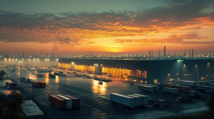 Fototapeta premium A large illuminated distribution center at sunset or sunrise