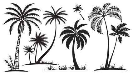 Collection of palm tree silhouettes, tropical plant set, black vector illustrations of palm trees in various shapes and sizes, island nature design elements for vacation, summer, and beach themes
