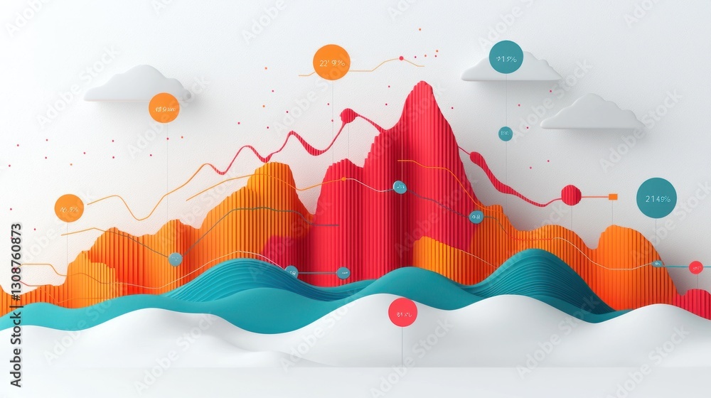 Poster colorful three dimensional data visualization illustrating trends and statistics