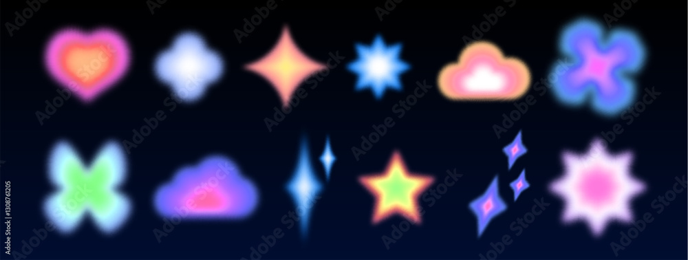 Poster y2k blur shape set with neon gradient icons on dark background. vibrant pastel symbols of heart and 