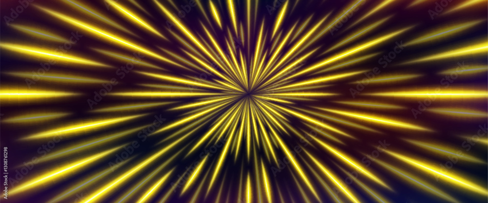 Poster speed line radial burst with golden yellow rays on dark background. bright perspective streaks from 