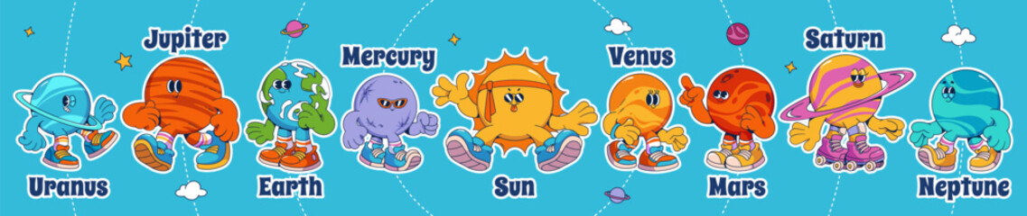 Groovy universe cartoon solar system. Cute cosmic characters with expressive faces, arms and legs in colorful sneakers. Friendly celestial bodies with names for educational design, children room decor