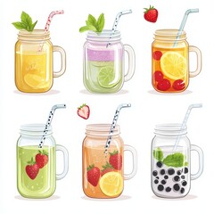 Colorful Mason Jar Drinks with Straw and Fresh Ingredients Art