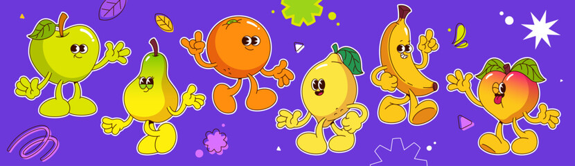 Groovy fruit characters with arms and legs - funny green apple and yellow pear, smiling orange and lemon, walking banana and peach. Cartoon mascots with expressive face, playful pose for retro design