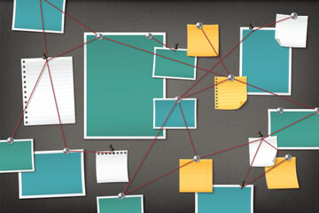 Detective board with pinned papers connected by red strings. Turquoise photos, yellow sticky notes and white memo sheets attached to dark cork background. Investigation wall with relationship network.