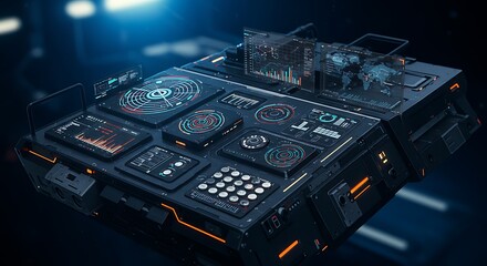 Fototapeta premium Futuristic Control Panel 3D Render: Cyberpunk Interface Design in a Dark Digital Environment AI Generated