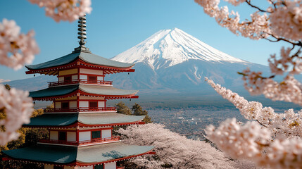 Beautiful Japanese landscape with Mount Fuji, cherry blossoms, and a traditional pagoda under a clear sky. AI Generated Images