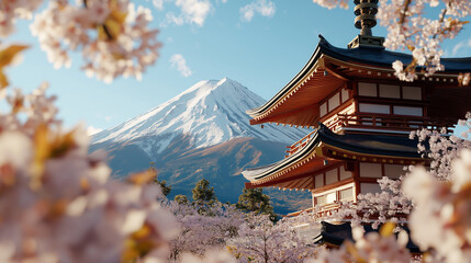 Beautiful Japanese landscape with Mount Fuji, cherry blossoms, and a traditional pagoda under a...