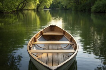 Obraz premium Wooden boat floats gently on serene, tree-lined river.