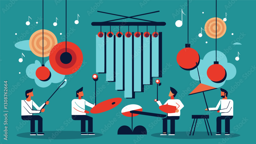 Poster the tinkling of wind chimes in perfect harmony with the orchestras percussion section.. vector illus