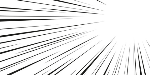 Line speed effect with radiating black stripes on white background. Comic manga style motion outlines with dynamic perspective. Visual effect for action sequence, explosion impact or rapid movement.