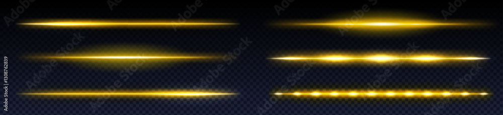 Poster neon laser beam collection in golden yellow colors on transparent background. various horizontal lig