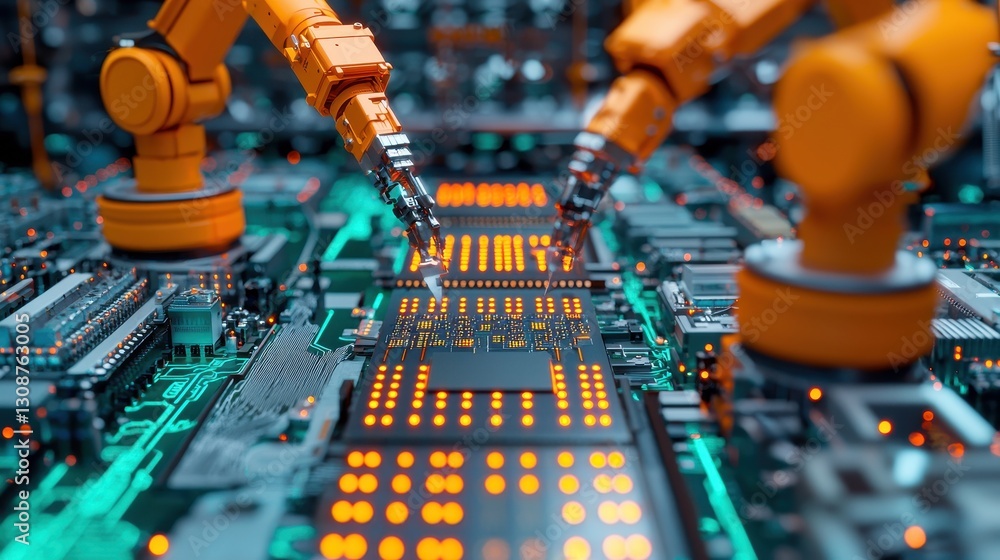Poster advanced robotics in manufacturing with automated arms working on circuit board assembly process