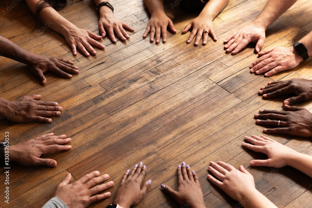 Poster diverse hands forming a circle on wooden floor. unity and teamwork. hands of different ethnicities. 
