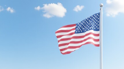 Obraz premium American flag waving on a pole against a blue sky with clouds, symbolizing freedom and patriotism.