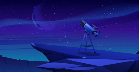 Telescope on mountain under starry night sky. Vector cartoon illustration of astronomy binocular for space exploration, stargazing hobby, observatory equipment, cosmos discovery, science and education