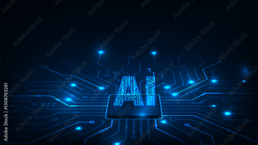 Fototapete artificial intelligence text effect with cpu microchip technology concept. abstract futuristic backg