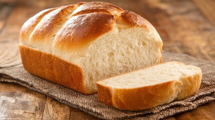 Loaf of freshly baked white bread, sliced, on a rustic linen napkin.