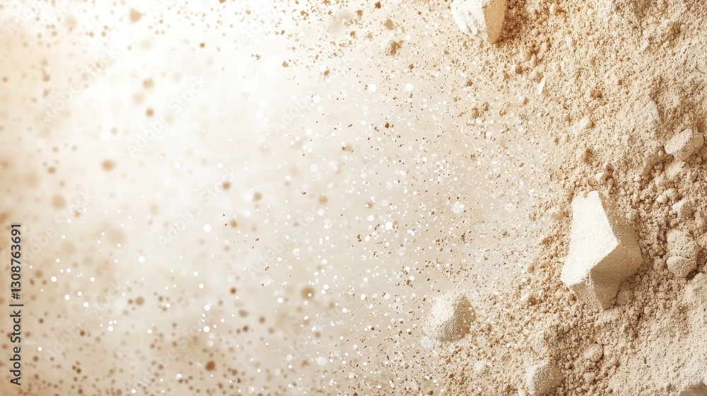 Poster close-up image of fine powdered texture with larger chunks, highlighting detailed particles and soft