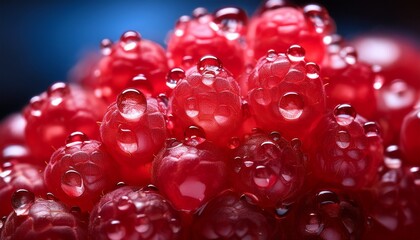 Macro shot of a raspberry&rsquo;s individual drupelets, highlighting their translucent, jewel-like texture and vibrant red color, capturing the intricate details of each tiny segment.
