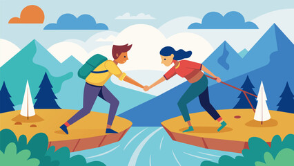 Two friends helping each other over a tricky river crossing working together to conquer the obstacles on their hike.. Vector illustration