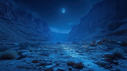 Moonlit canyon river at night with rocky riverbed and cliffs