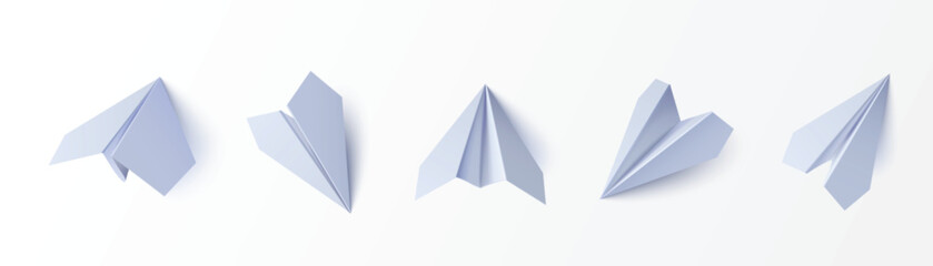 Paper planes set isolated on white background. Vector realistic illustration of blank origami aircraft, message, mail, travel symbols flying in different directions, messenger or tourism app icon