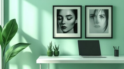 Minimalist home office workspace with artwork