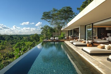 Fototapeta premium Infinity pool at jungle villa overlooking tropical valley