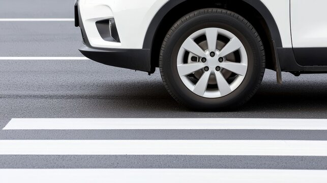 A close-up view of a car's wheel positioned above a pedestrian crosswalk on a modern road.