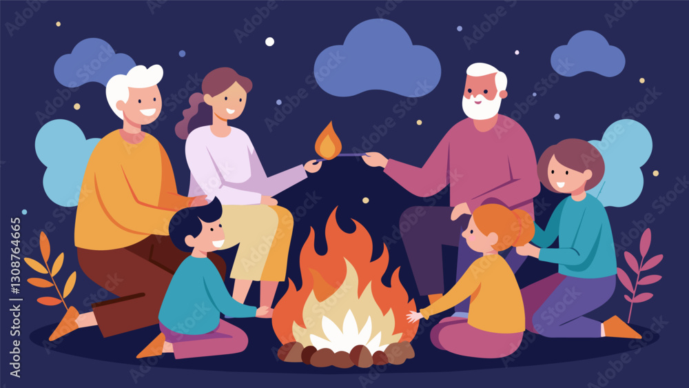 Poster the warmth of a bonfire as multiple generations gather around to roast marshmallows and tell stories