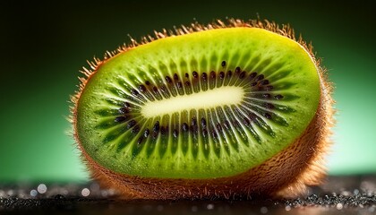 Macro shot of a kiwi’s fuzzy brown skin, showcasing its textured surface, contrasted with the vibrant green flesh inside, highlighting the fruit’s natural details and color contrast.
