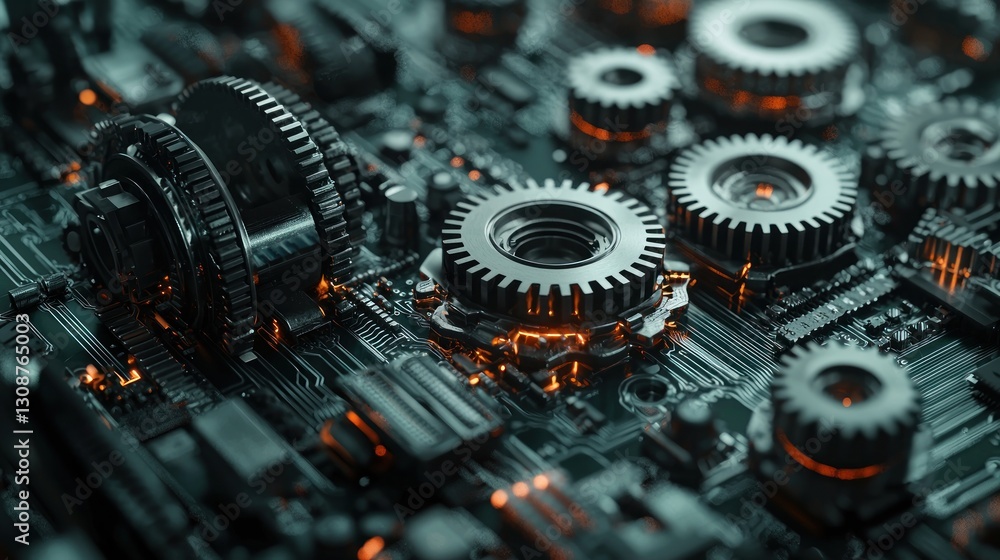 Poster metallic gears and electronic components displayed on a circuit board