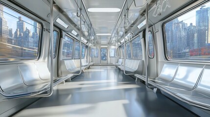 Modern, empty subway car with city view.