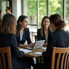 Professional women collaborating and discussing business strategies.
