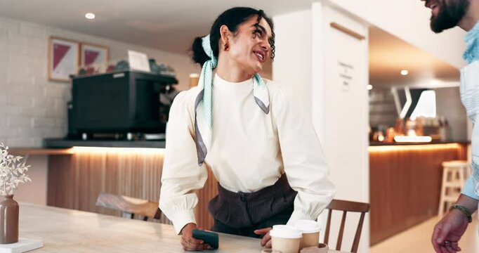 Customer, phone and waiter with coffee service at table for hospitality, takeaway order and thank you. Small business, happy woman or barista with cappuccino beverage for local support or lunch break