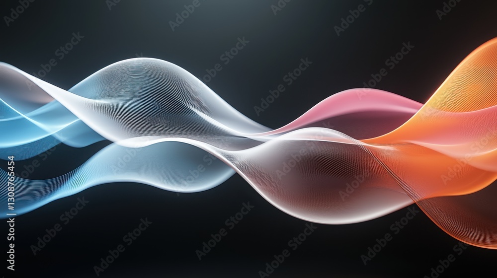 Poster colorful abstract waves flowing in dark background, representing dynamic creativity and innovation.