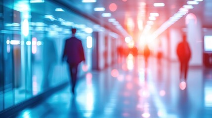 People walking in a brightly lit long hallway blurred image