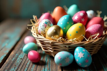 Fototapeta premium Spectacular array of decorated Easter eggs on a rustic blue wooden surface , artwork, photography
