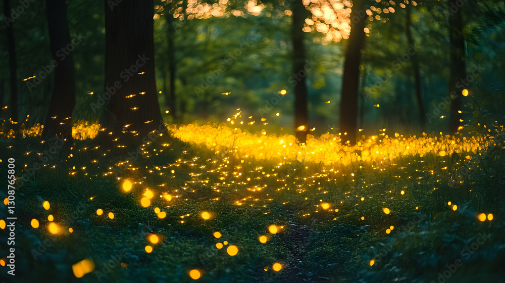 Poster enchanting forest: a mesmerizing display of fireflies dancing in a serene forest, the soft, ethereal