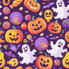 A vibrant and playful seamless Halloween pattern featuring cheerful ghosts, grinning jack-o'-lanterns, bats, and assorted candies set against a rich purple background.