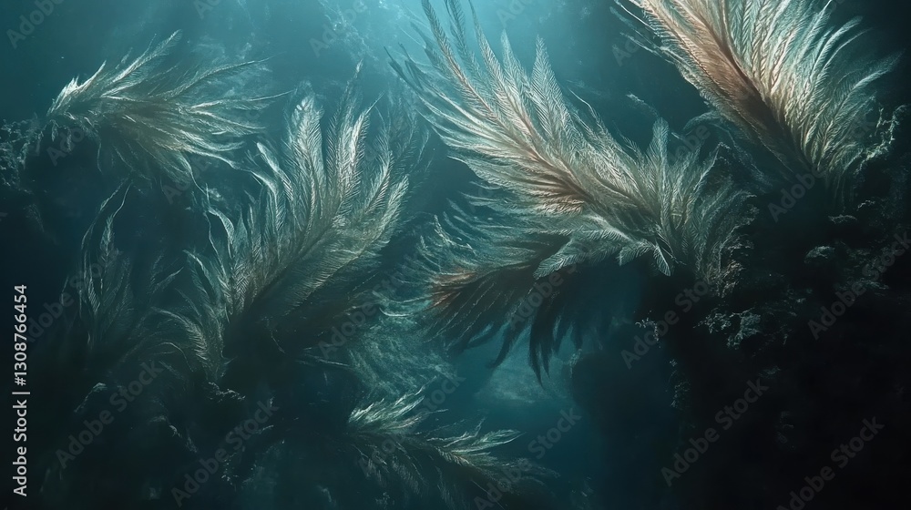 Poster feathered structures float within a mysterious and deep aquatic environment