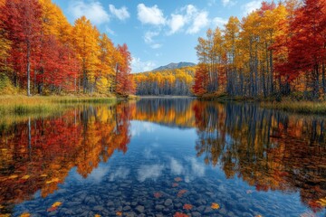 Fototapeta premium Autumnal forest reflections on a calm lake