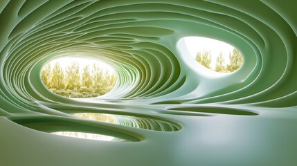 A futuristic organic interior space with natural outdoor views