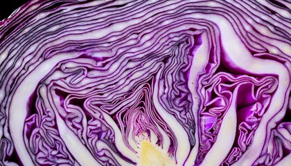 Obraz premium Macro photograph of a purple cabbage cross-section, highlighting its mesmerizing natural fractal patterns, vibrant colors, and intricate texture. 